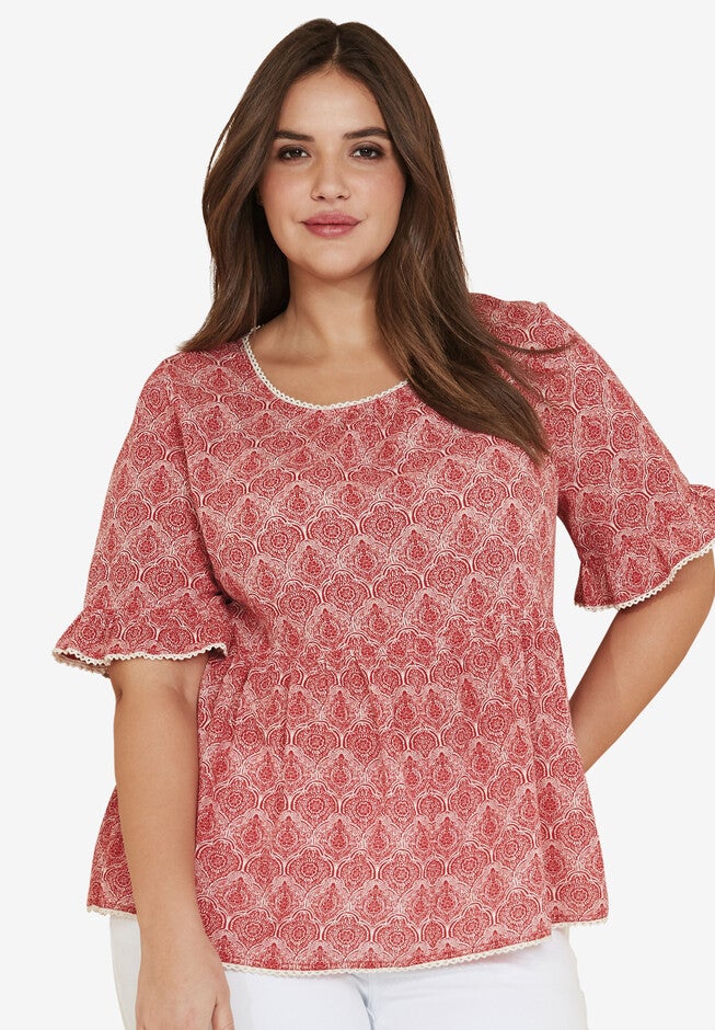 Ruffle Sleeve Babydoll Blouse, APPLE RED MEDALLION, hi-res image number null