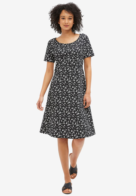 Short Sleeve Fit & Flare Dress, BLACK WHITE DITSY, hi-res image number null
