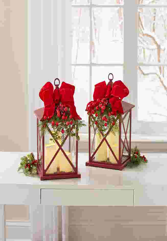 14"H Red Christmas Lantern with LED Candles image number 0