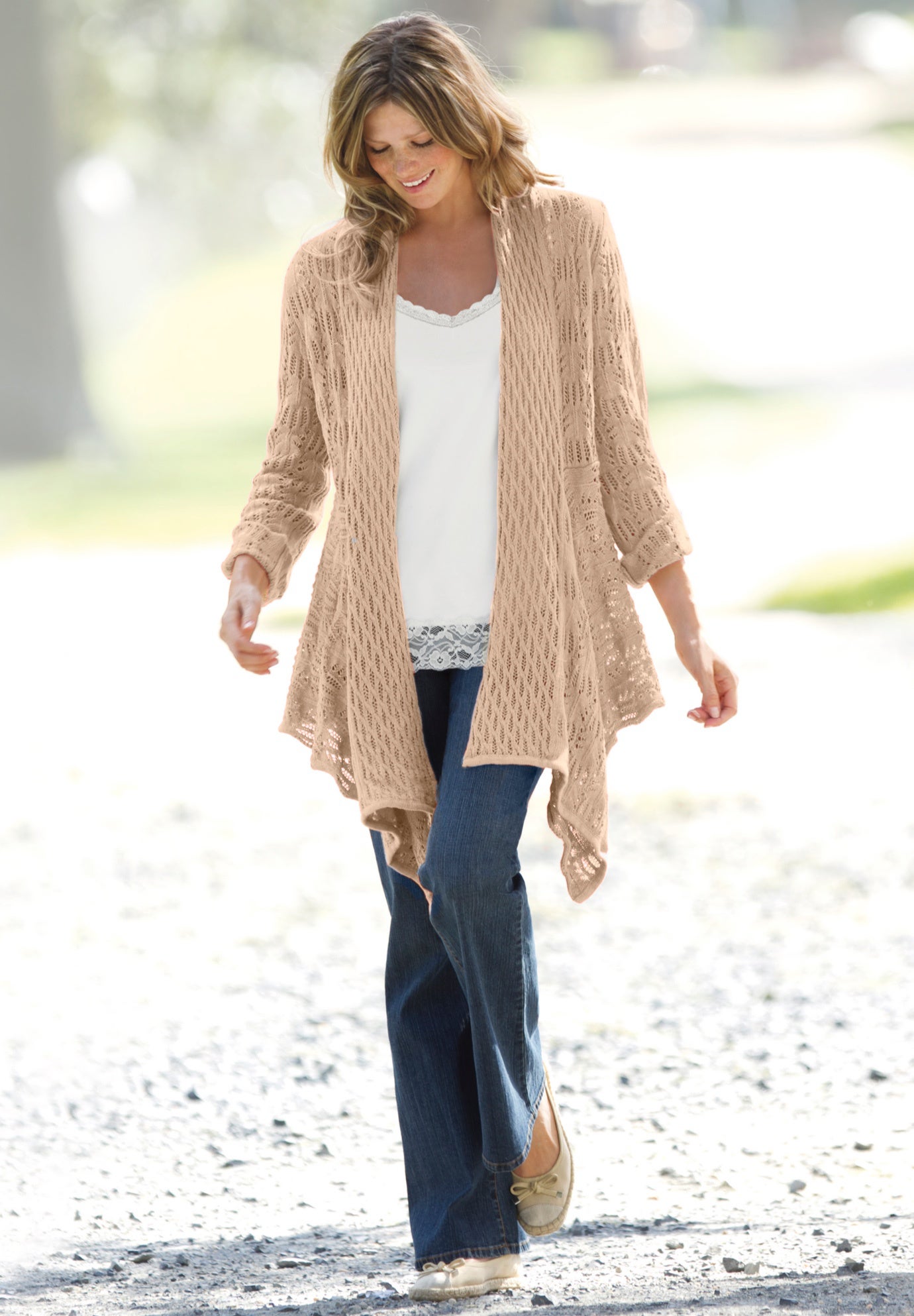 Open Front Pointelle Cardigan Sweater image number 6