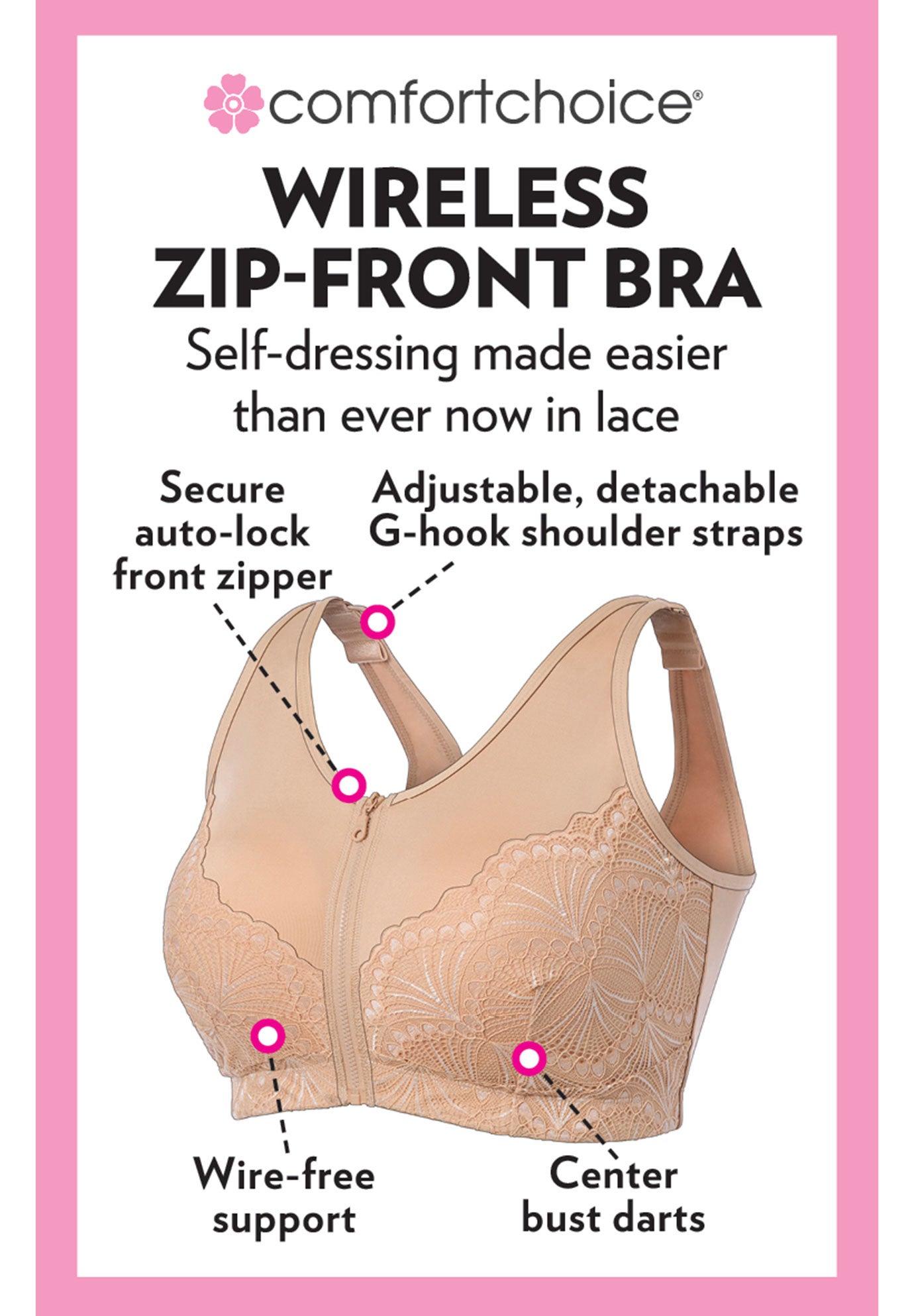 Comfort Choice® Zip-Front Lace Lounge Bra image number 3