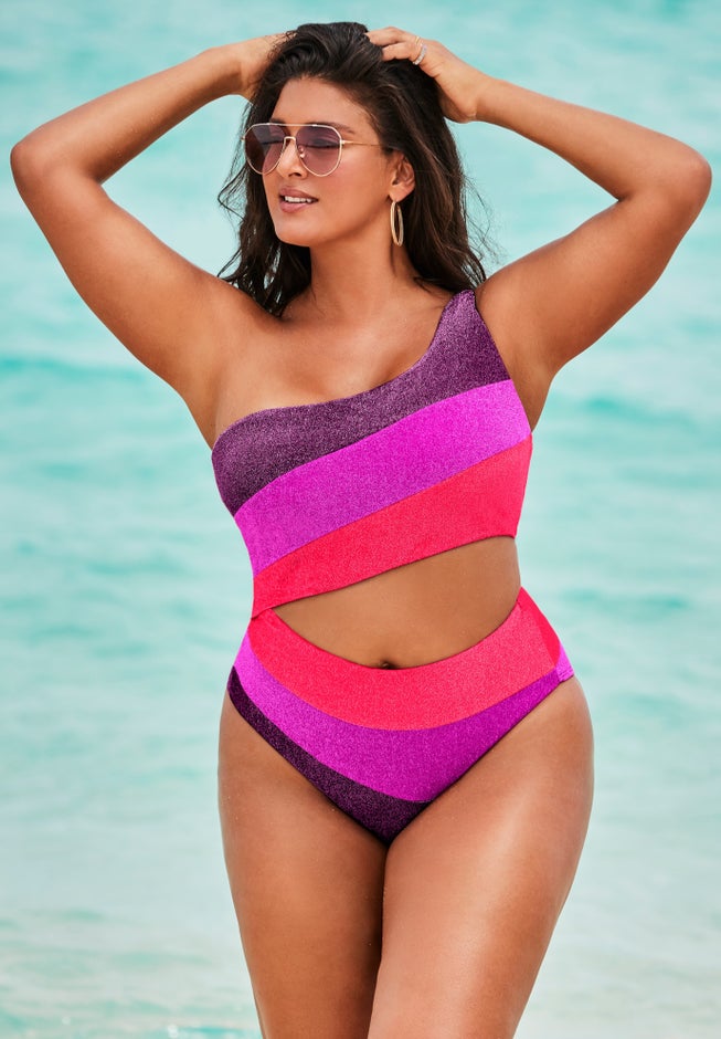 One Shoulder Color Block Cutout One Piece Swimsuit image number 0