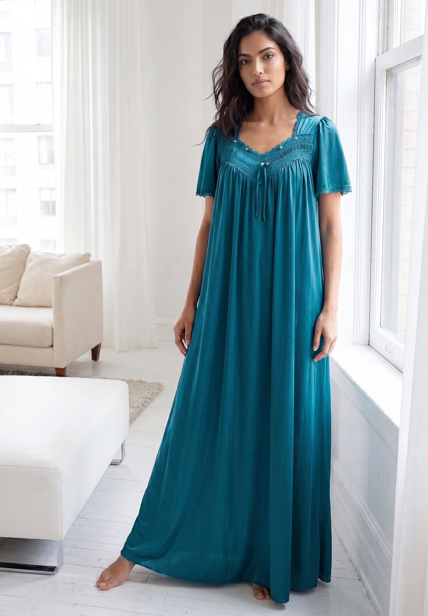 Long Silky Lace-Trim Gown image number 3