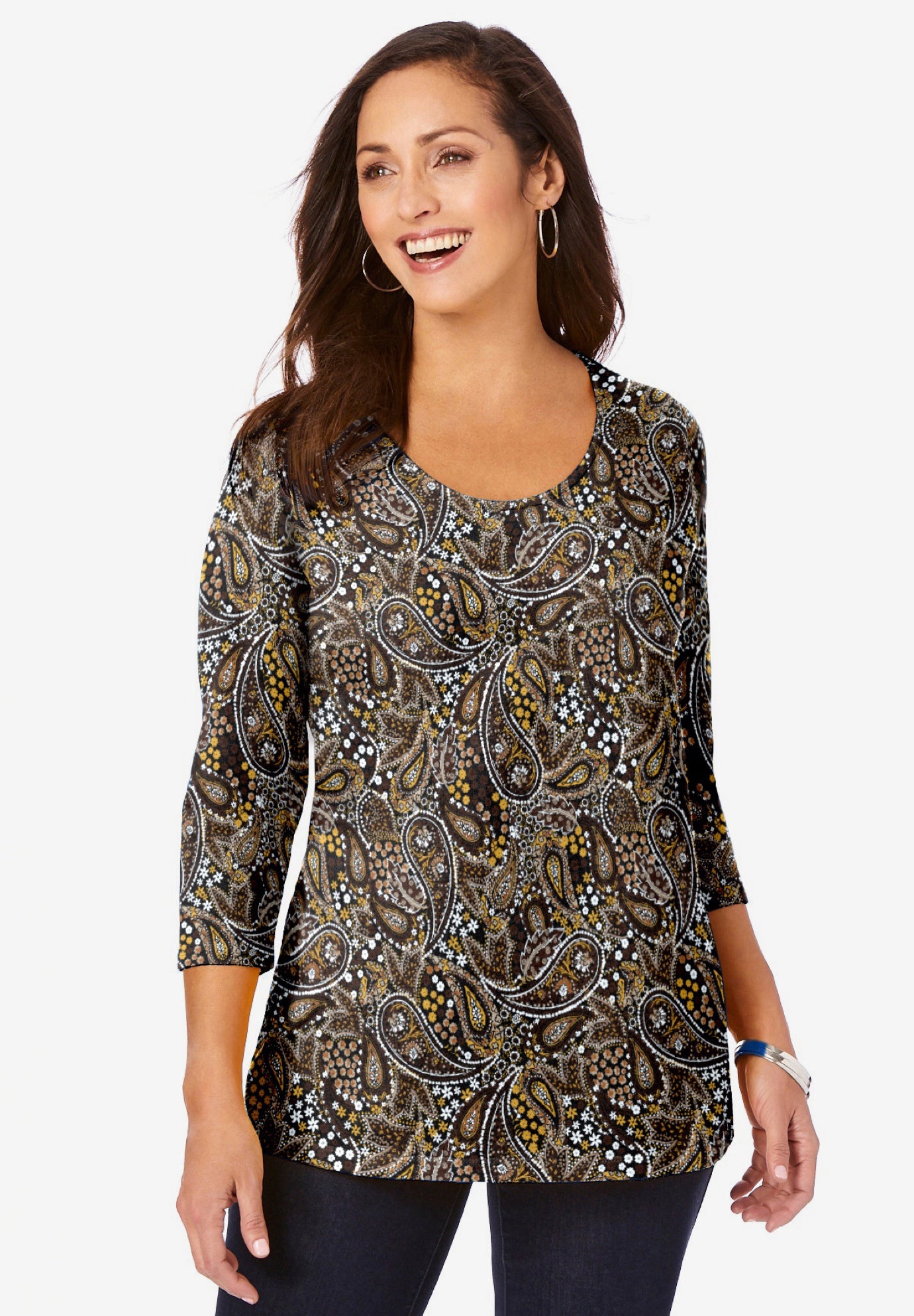 売れ筋商品|||ルビーロード カットソー トップス レディース Plus Size Jacobean Paisley Puff Print V-Neck Top Lemon Multi Women's Jacobean Paisley Puff Print Top | Ruby Rd.