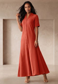 Stretch Cotton Button Front Maxi Dress