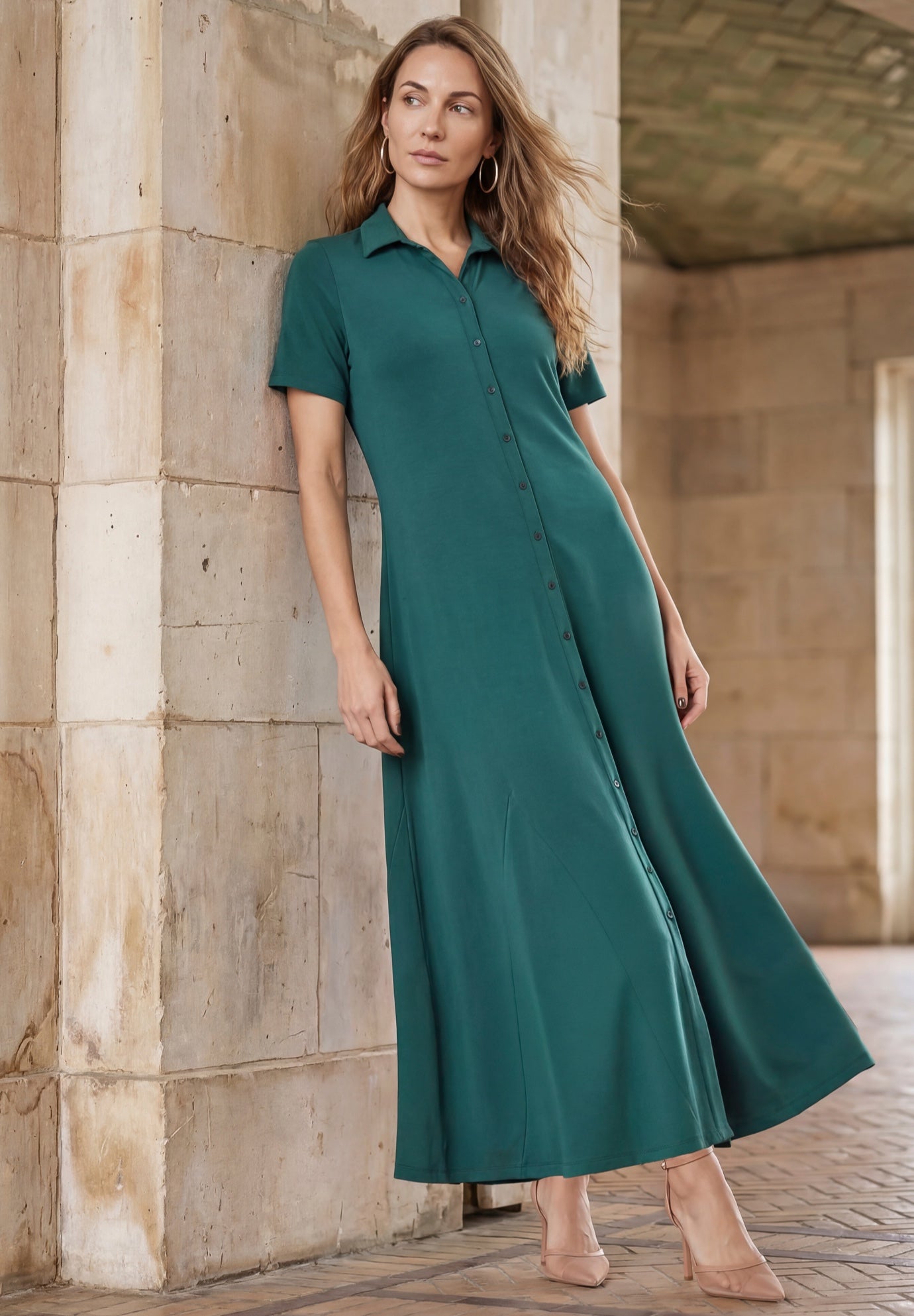 Stretch Cotton Button Front Maxi Dress image number 0
