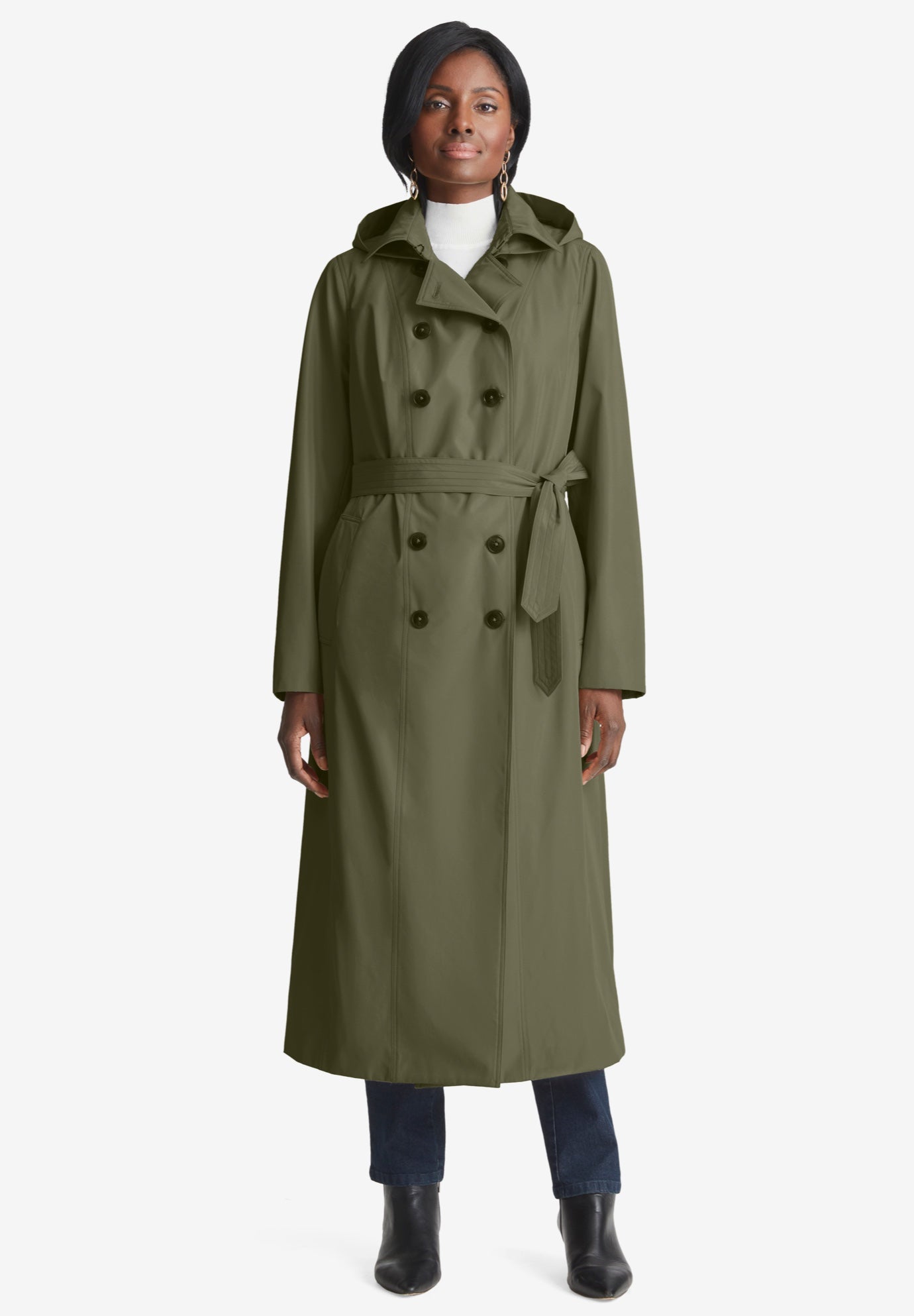 Jessica London Women's Plus Size Double-Breasted Long Trench Raincoat