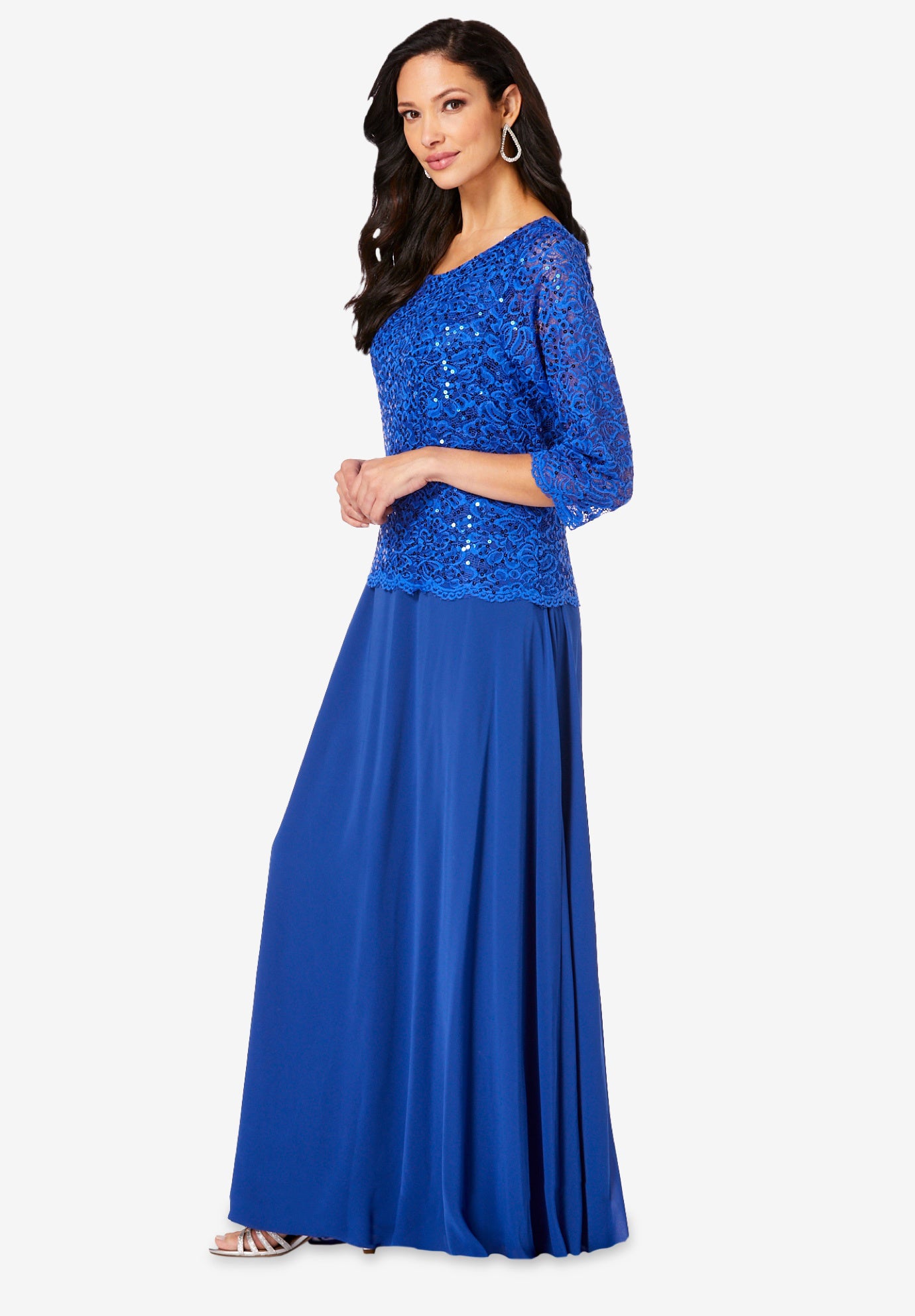 Plus Size Sparkle Lace Popover A-Line Gown with 3/4 Sleeves image number 4