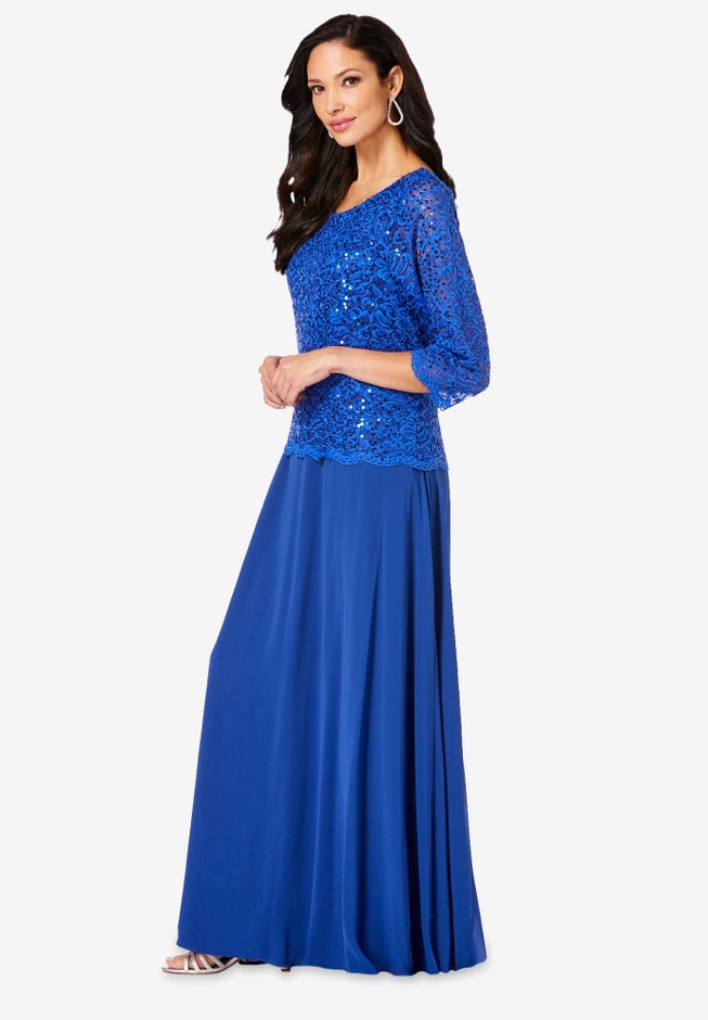 Plus Size Sparkle Lace Popover A-Line Gown with 3/4 Sleeves image number 4