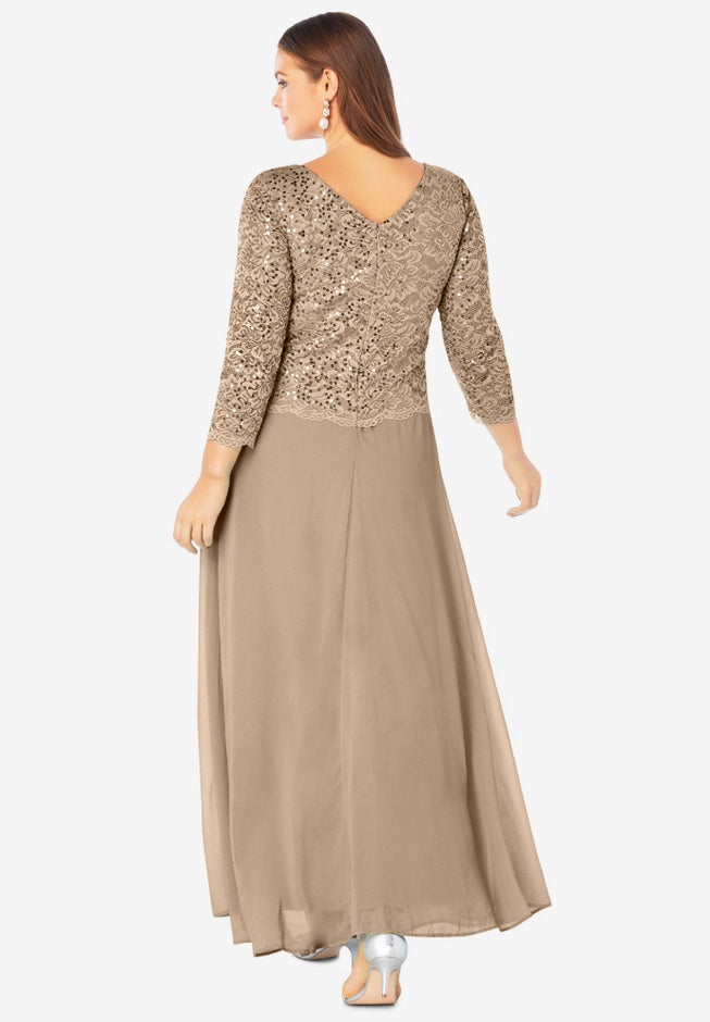 Plus Size Sparkle Lace Popover A-Line Gown with 3/4 Sleeves image number 2