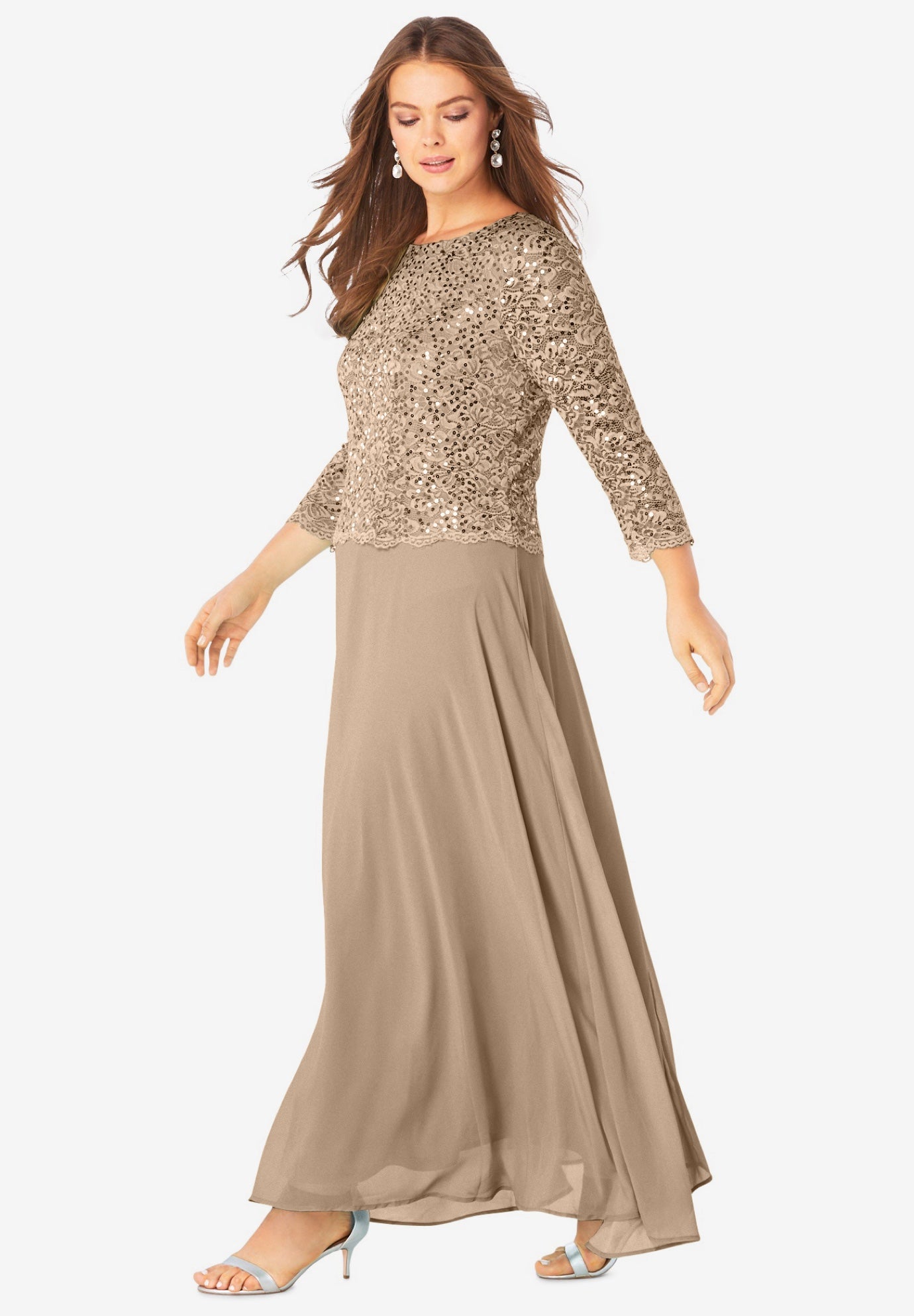 Plus Size Sparkle Lace Popover A-Line Gown with 3/4 Sleeves image number 3