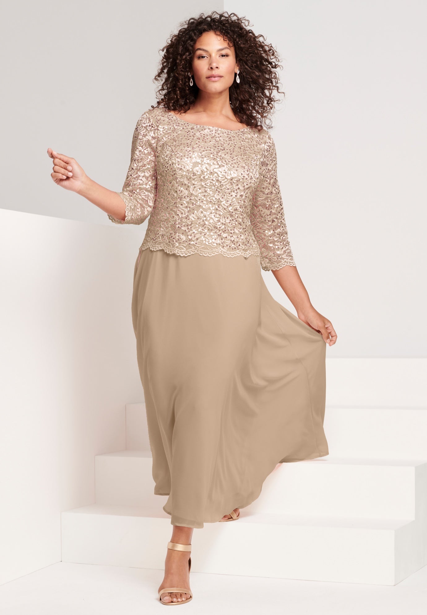 Plus Size Sparkle Lace Popover A-Line Gown with 3/4 Sleeves image number 1