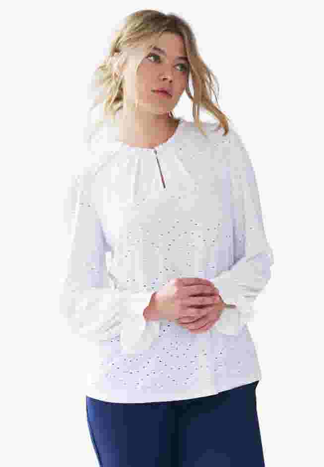 Long Sleeve Knit Eyelet Top With Keyhole Neckline image number 2