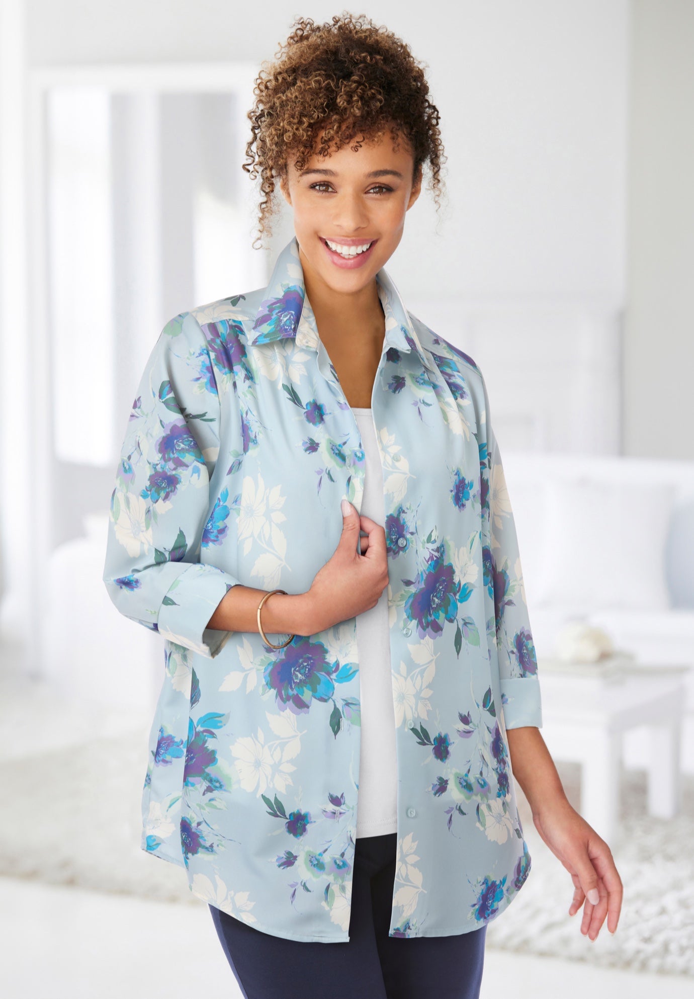 No Iron Three-Quarter Sleeve Peachskin Shirt image number 0