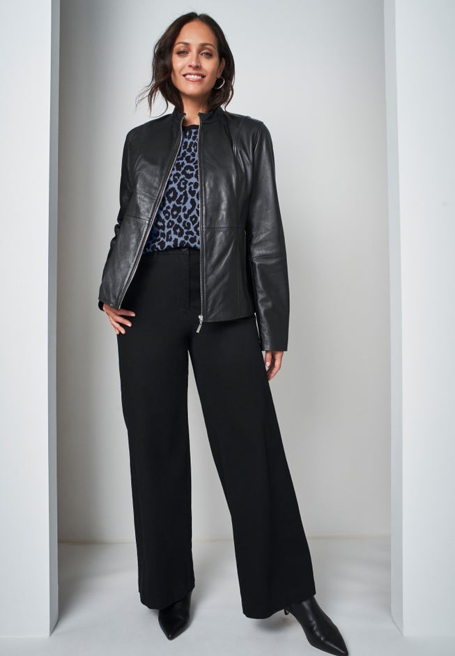 Ladies' Zip Front Leather Jacket, Black Jessica London