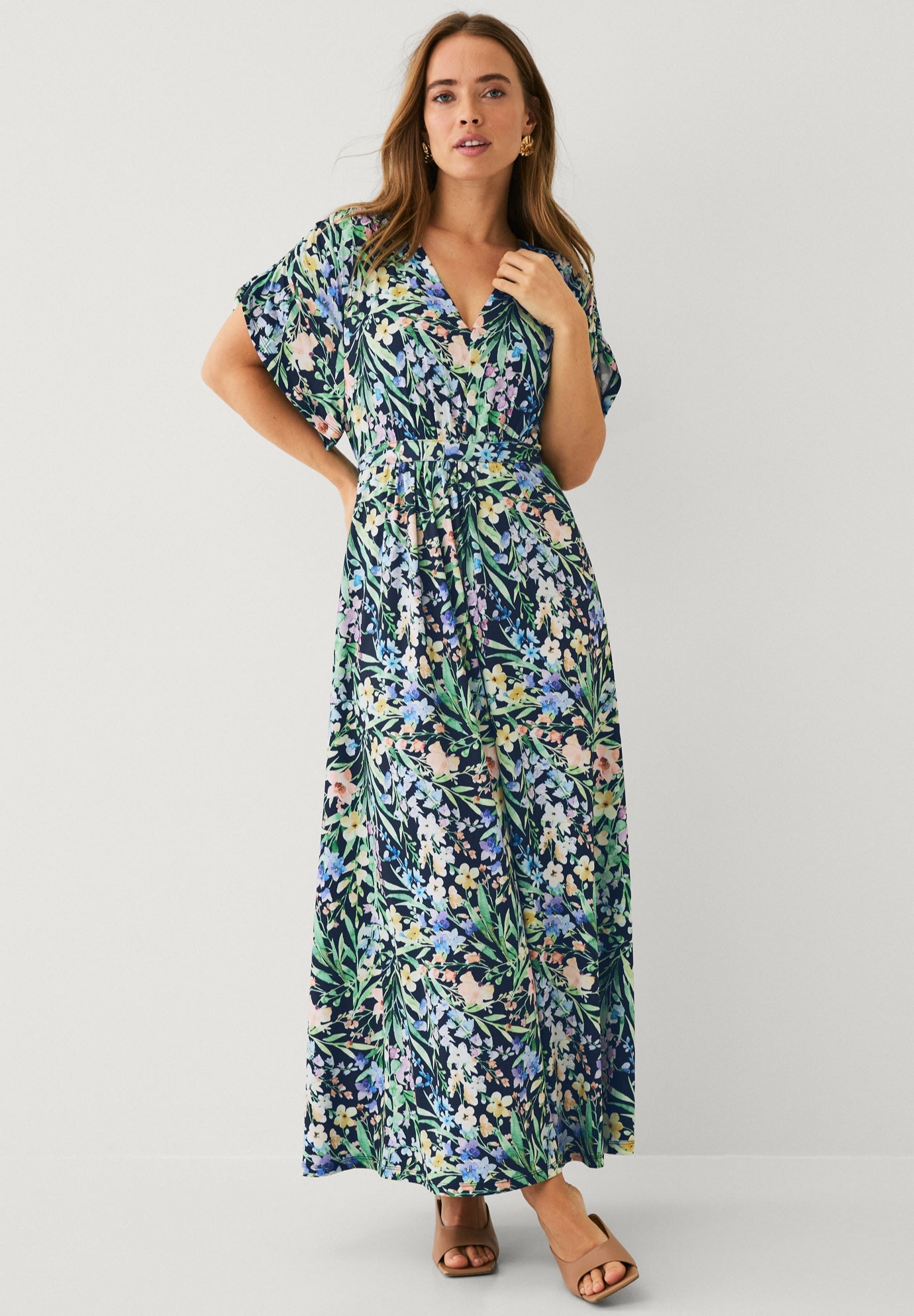 Stretch Knit Fit And Flare Elbow-Length Sleeve Tie-Back Maxi Dress image number 0