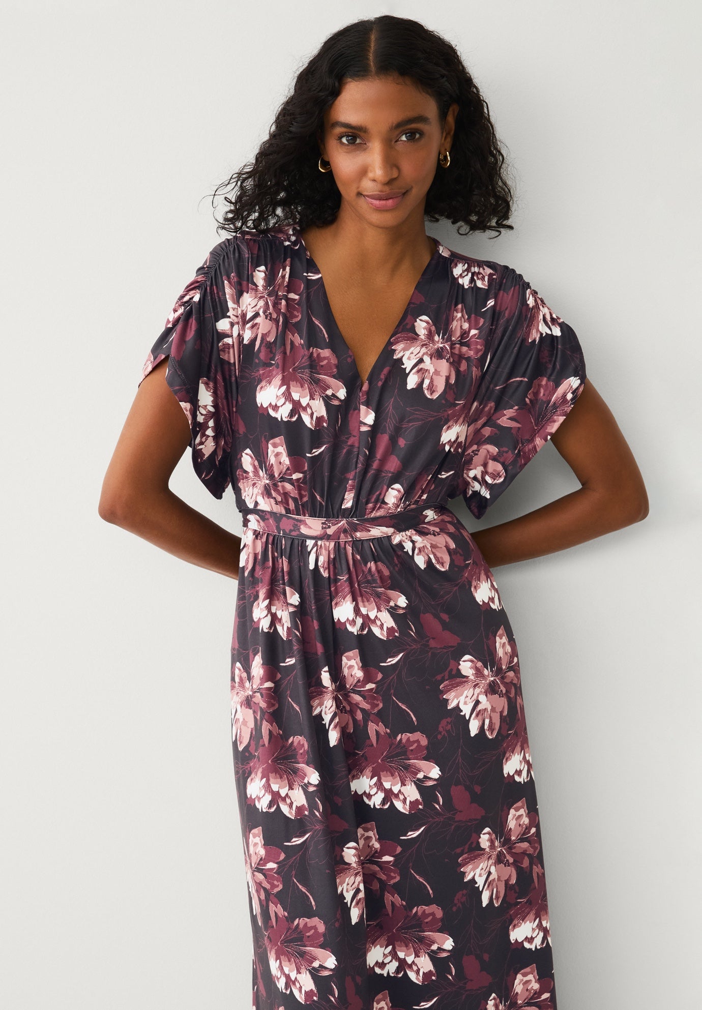 Stretch Knit Fit And Flare Elbow-Length Sleeve Tie-Back Maxi Dress image number 1