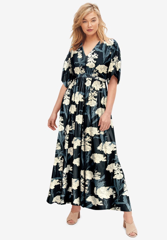 Stretch Knit Fit And Flare Elbow-Length Sleeve Tie-Back Maxi Dress Stretch Knit Fit And Flare Elbow-Length Sleeve Tie-Back Maxi Dress