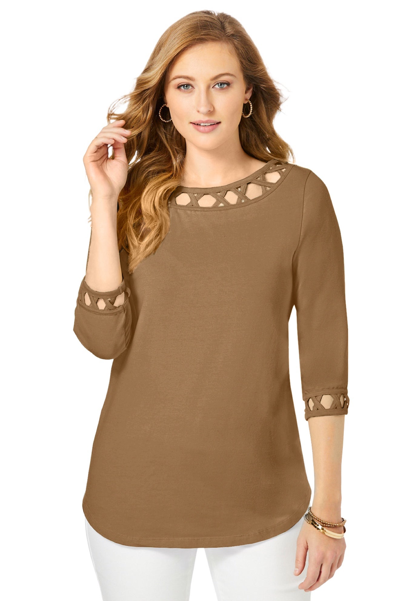 Stretch Cotton Lattice Boatneck Tunic image number 0