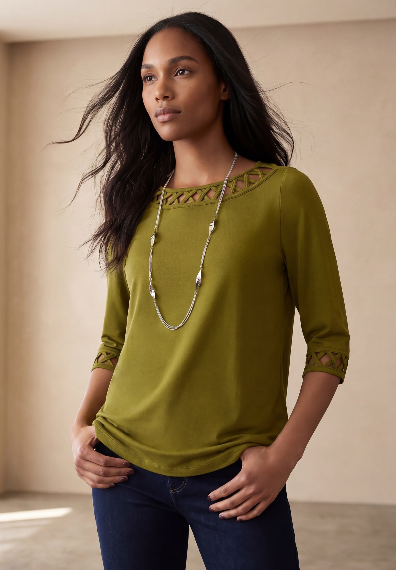 Stretch Cotton Lattice Boatneck Tunic image number 0