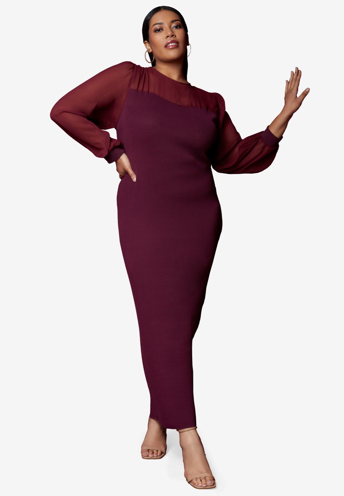 Chiffon-Paneled Midi Sweater Dress image number 0