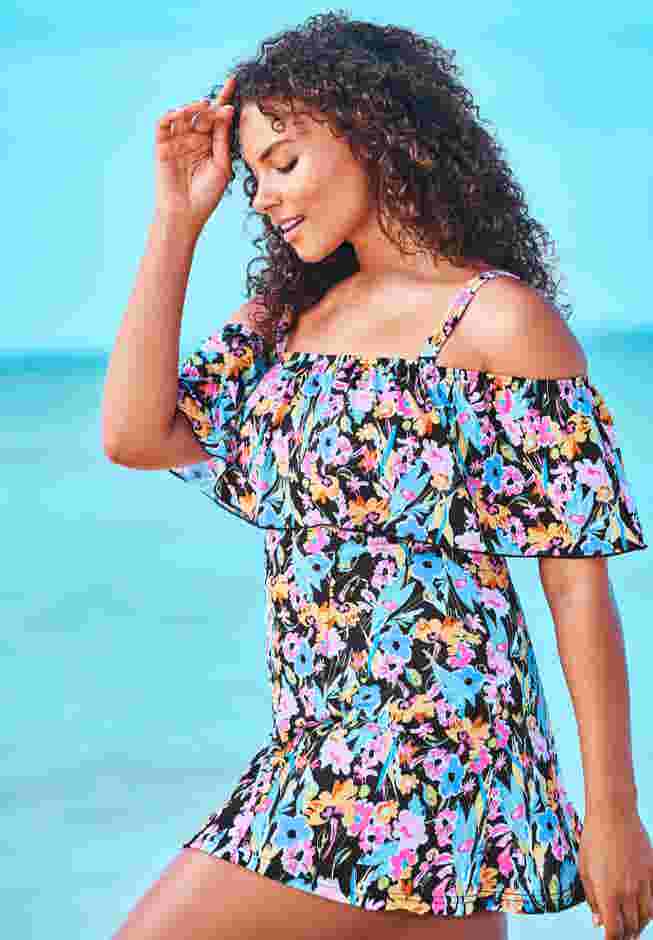 Off-The-Shoulder Flounce Swim Dress  image number 2