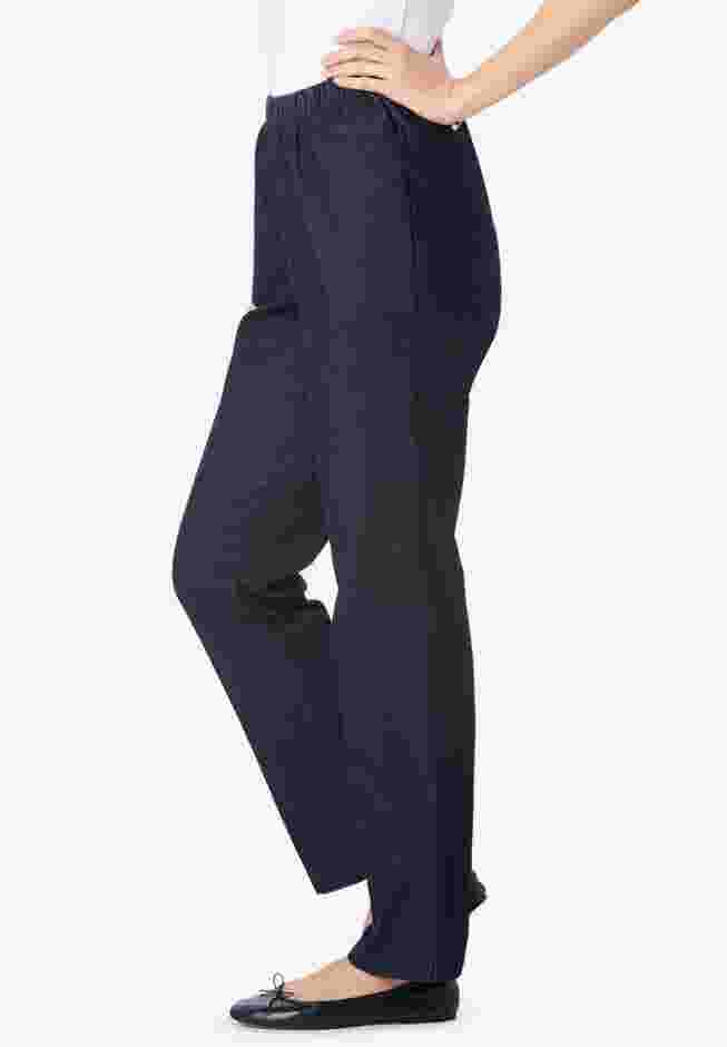 Womens Plus-Size Straight Leg Fineline Pull-On Stretch Denim Jeans image number 2