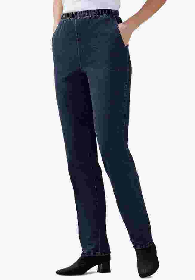 Womens Plus-Size Straight Leg Fineline Pull-On Stretch Denim Jeans image number 0