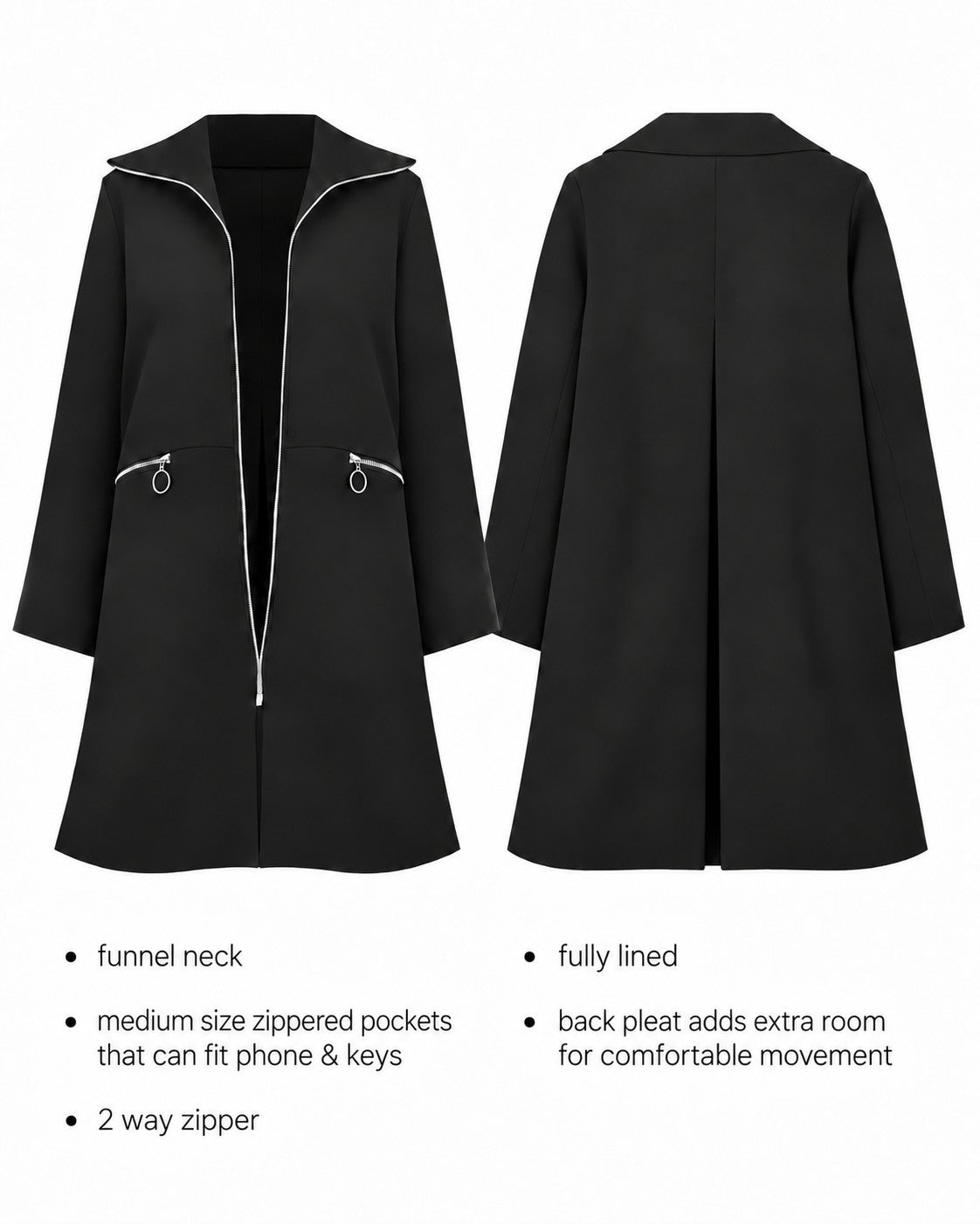 Stretch Crepe Zip Front A Line Back Pleat Coat image number 2