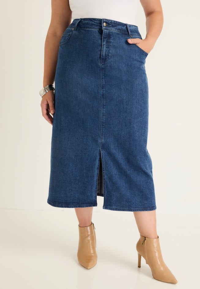 Front-Slit Denim Midi Skirt image number 0