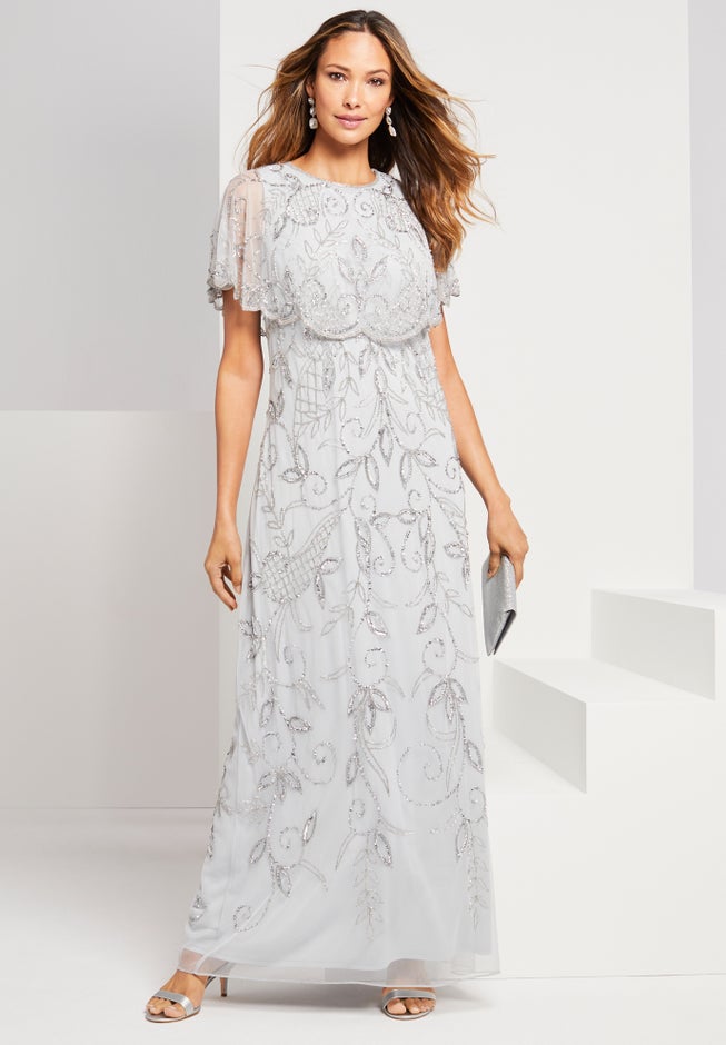 Plus Size Beaded Capelet Maxi Gown Glam Evening Dress Plus Size Beaded Capelet Maxi Gown Glam Evening Dress