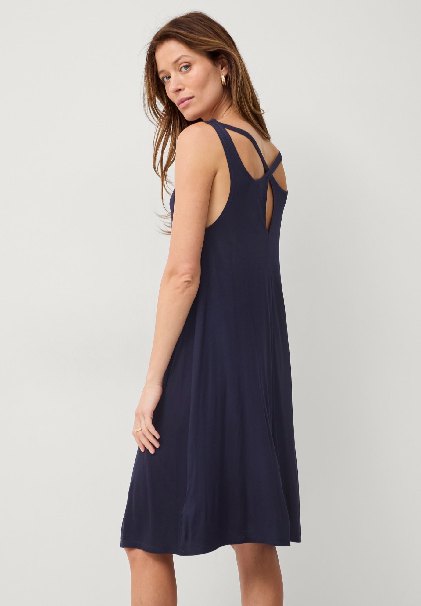 Stretch Jersey Knit A-Line Crossover Back Tank Short Dress image number 0