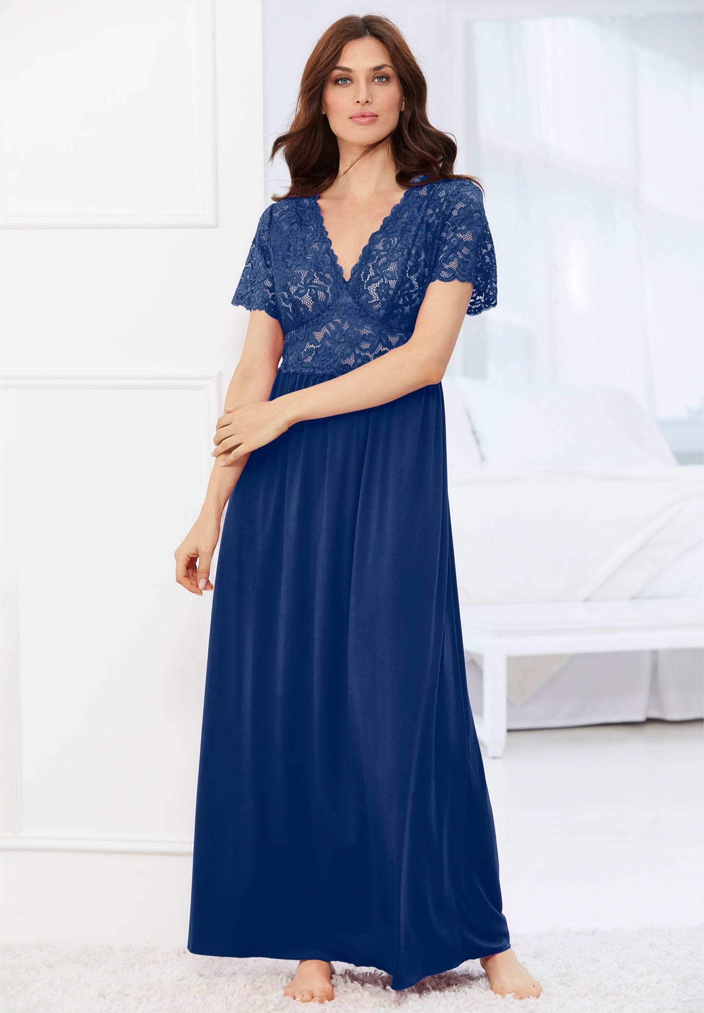 Long Lace Top Stretch Knit Gown image number 0