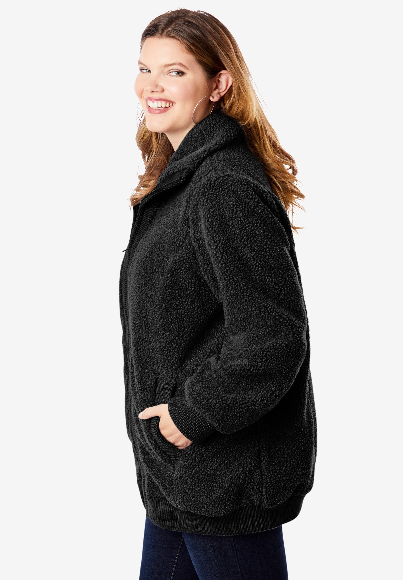 Plus Size High Collar Teddy Fleece Bomber image number 1