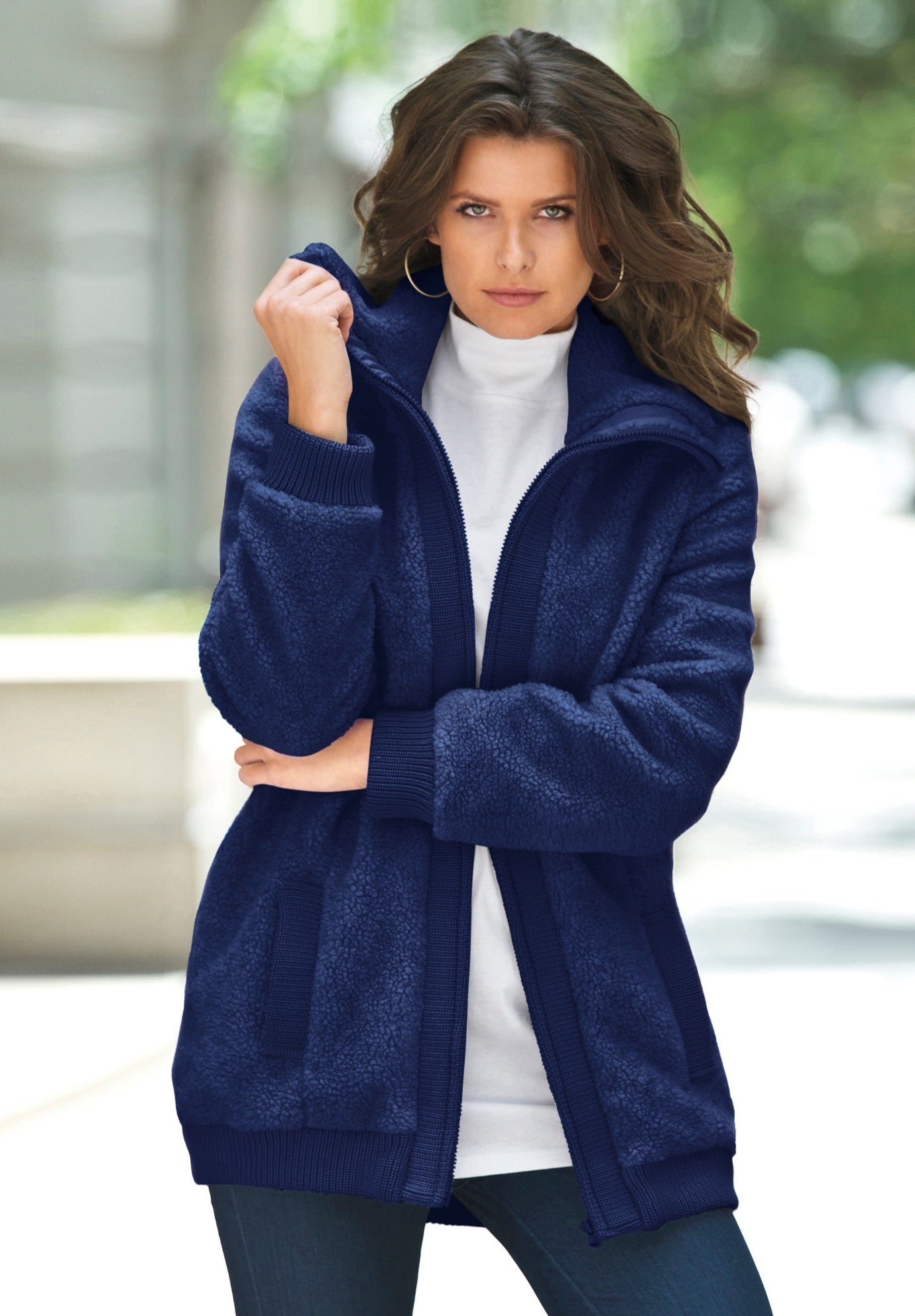 Plus Size High Collar Teddy Fleece Bomber image number 4