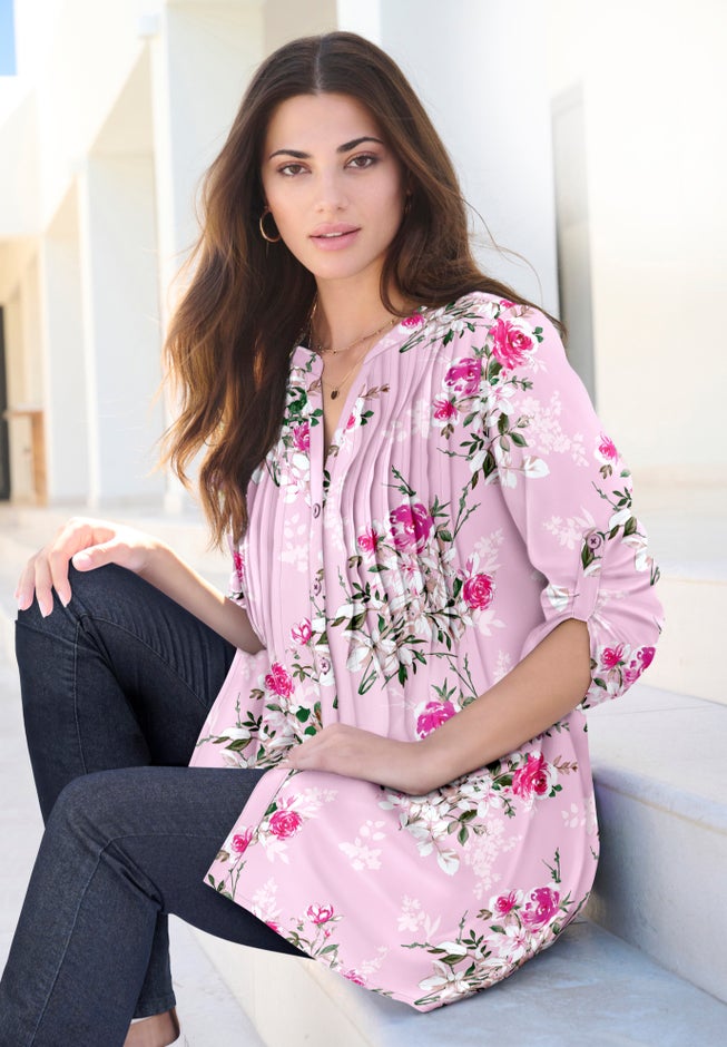 Plus Size Pintuck Tunic Blouse &ndash; Y-Neck & Roll-Tab Sleeves image number 1