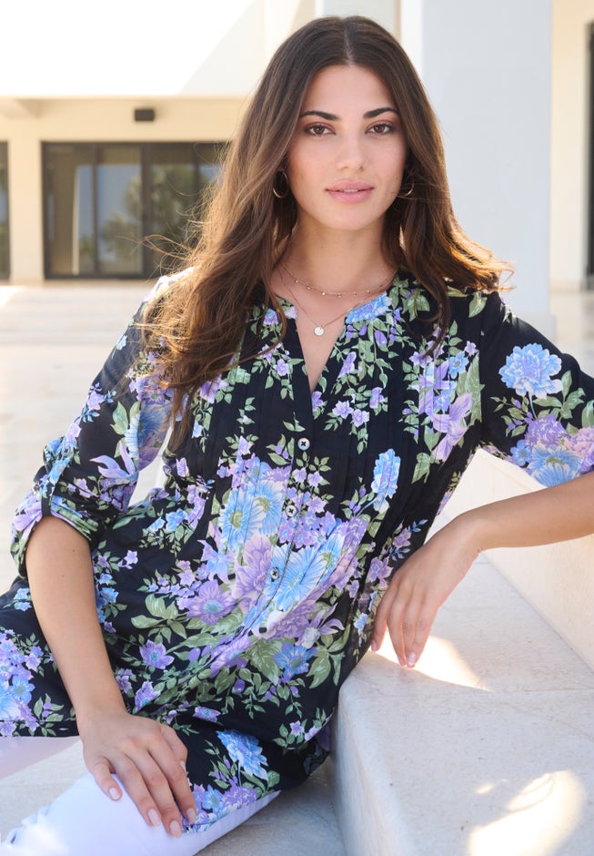 Plus Size Floral Y-Neck Pintuck Tunic &ndash; Adjustable Long Sleeve Button-Front, Relaxed Shirt Style image number 6