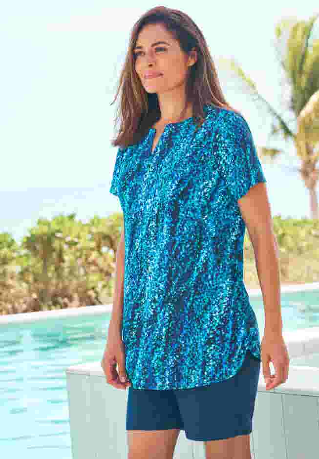 Split-Neck Short Sleeve Swim Tee with Built-In Bra image number 2