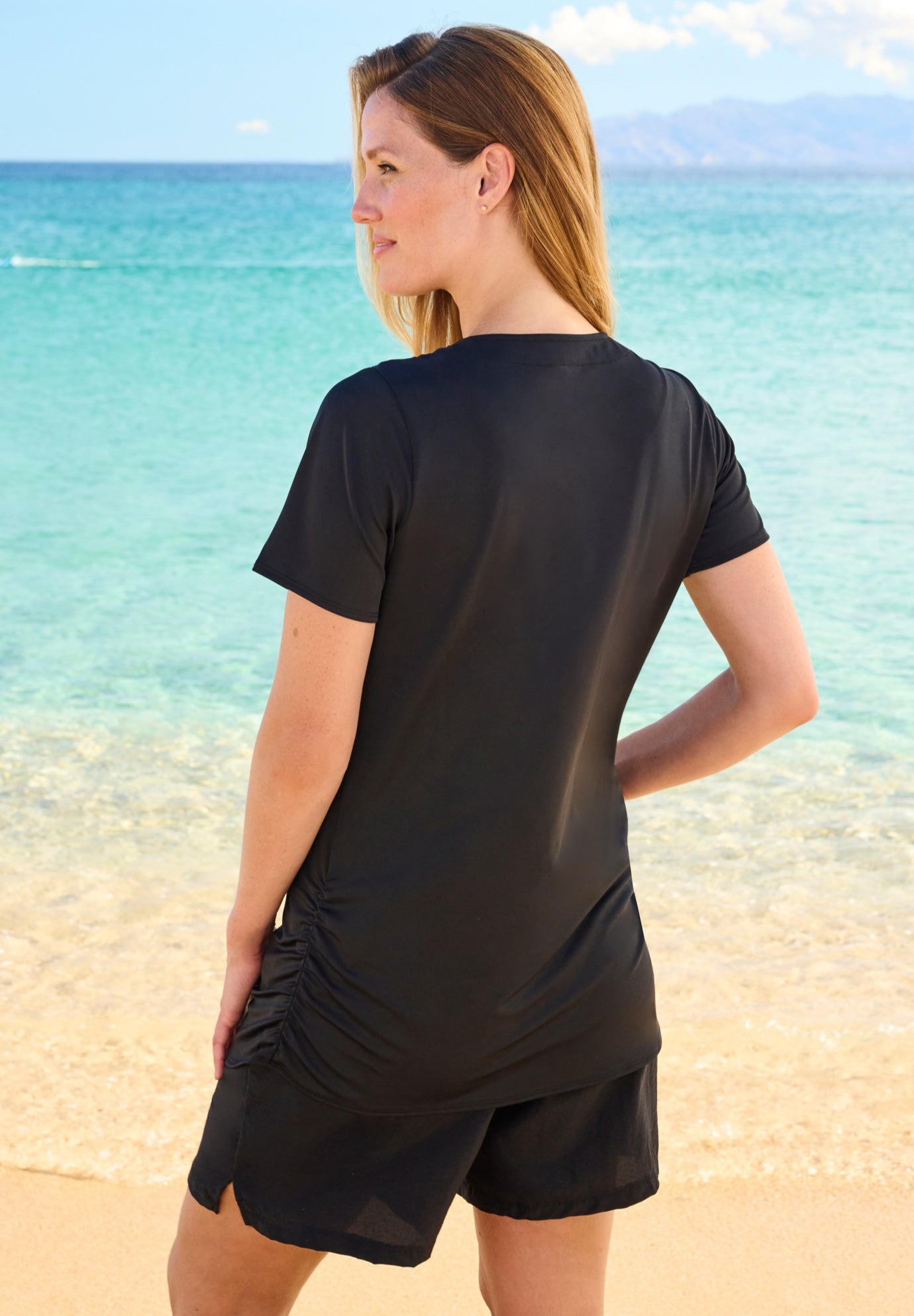 Split-Neck Short-Sleeve Swim Tee with Built-In Bra image number 1