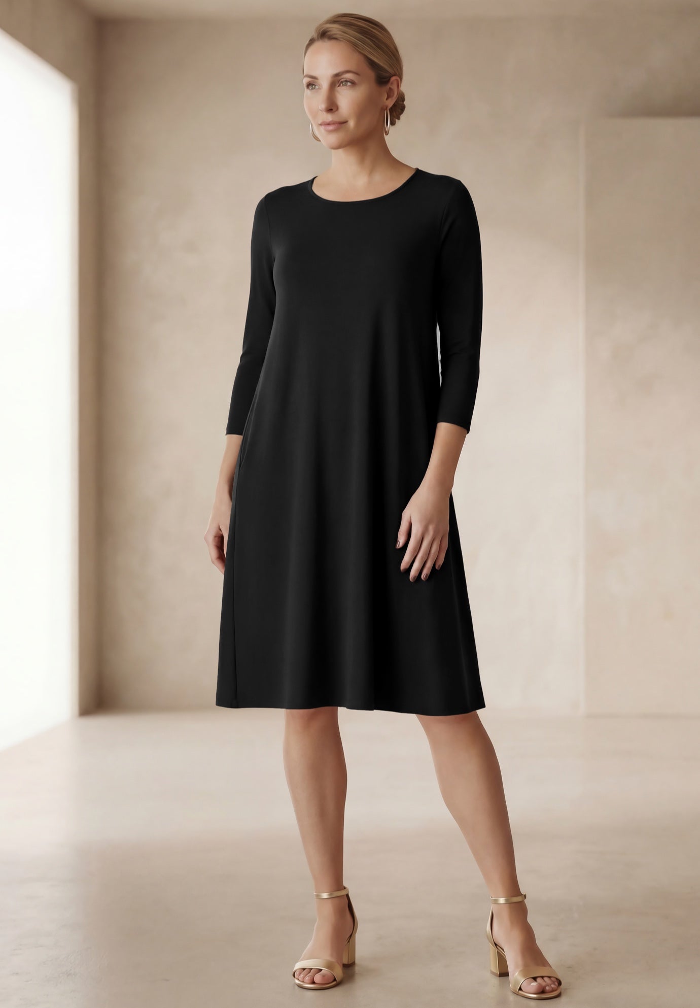 Stretch Knit Three-Quarter Sleeve T-shirt Dress image number 0