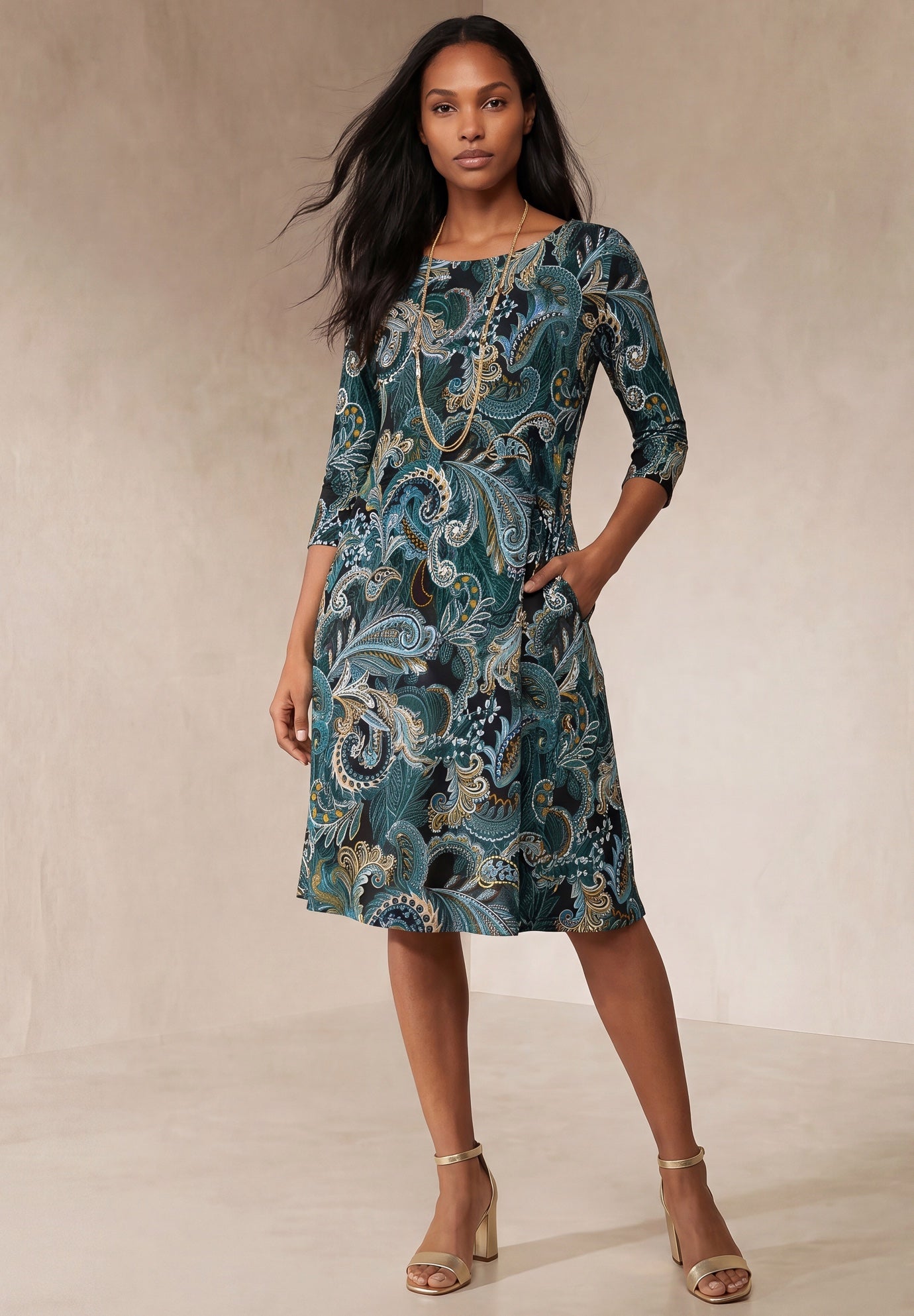 Stretch Knit Three-Quarter Sleeve T-shirt Dress image number 0