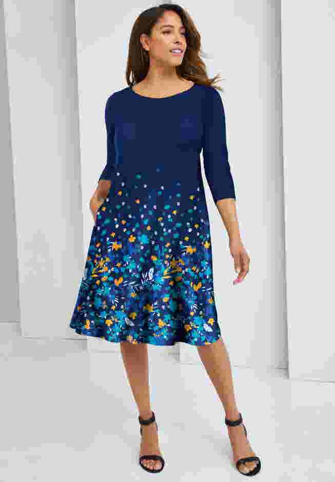 Stretch Knit Three-Quarter Sleeve T-shirt Dress image number 0