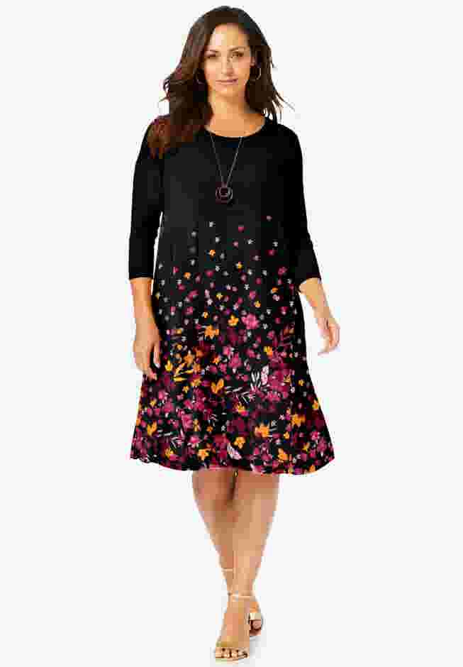 Stretch Knit Three-Quarter Sleeve T-shirt Dress image number 0