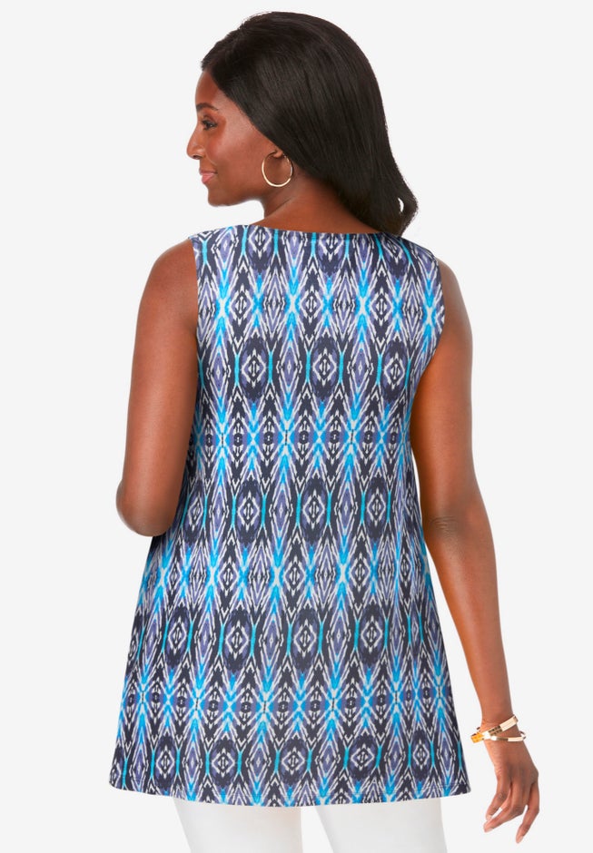 Ladies' Stretch Knit Sleeveless Swing Tunic, Navy Tribal Ikat | Jessica  London