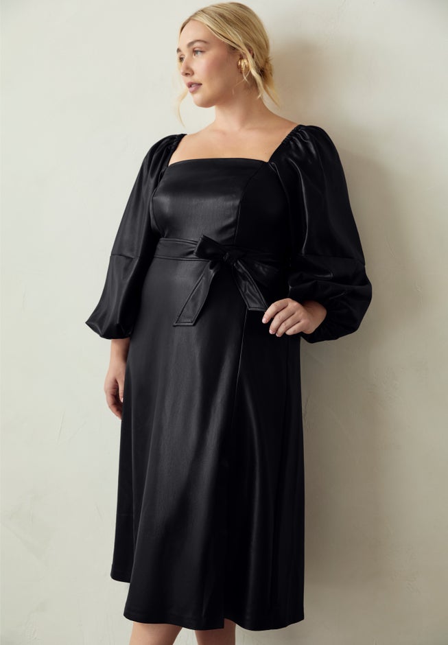 Puff Sleeve Faux Leather Midi Dress image number 2