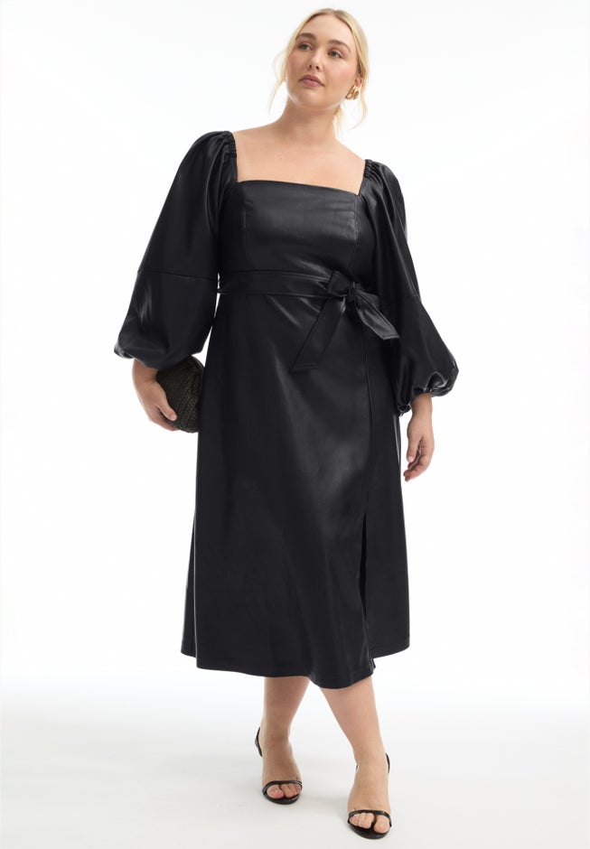 Puff Sleeve Faux Leather Midi Dress image number 0