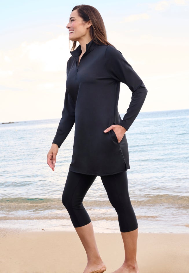 Chlorine Resistant Long-Sleeve Mock Neck Swim Tee image number 2