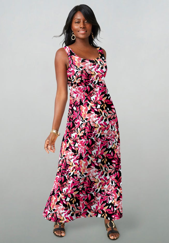 Ladies' Stretch Cotton Tank Maxi Dress, Tea Rose Graphic Leaves | Jessica London Ladies' Stretch Cotton Tank Maxi Dress, Tea Rose Graphic Leaves | Jessica London