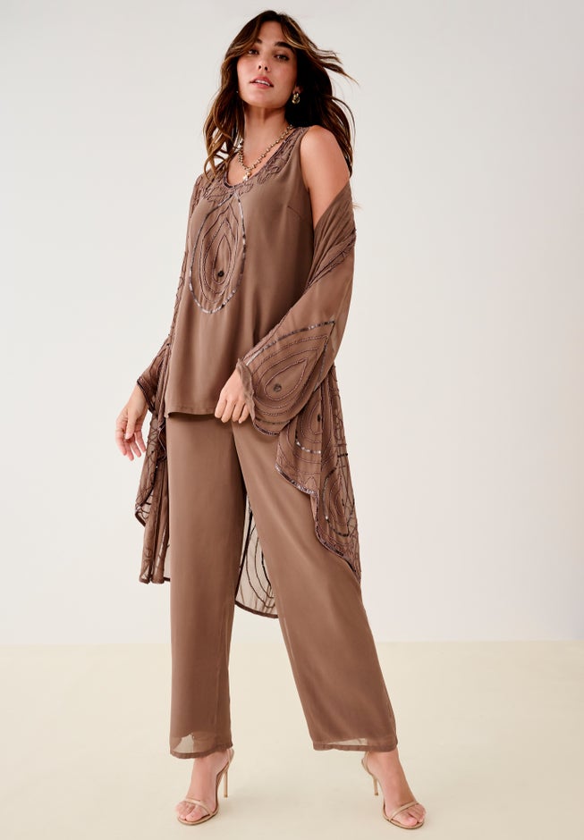 Plus Size Beaded Georgette Scoop Neck 3-Piece Pant Set image number 5