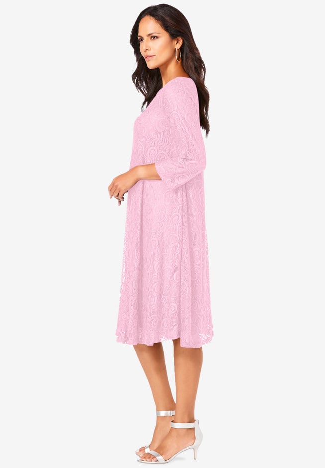 Plus-Size 3/4 Sleeve Boatneck Lace Swing Dress image number 4